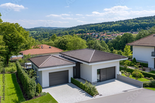 Wallpaper Mural Membrane roofing installation in a residential area surrounded by lush greenery during a sunny day Torontodigital.ca