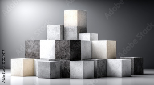 Stacked cubes of various shades of gray, white, and beige photo