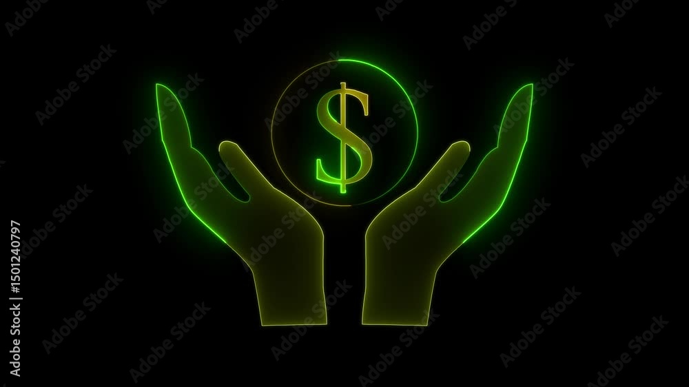 Glowing Neon line Icon of Hand Holding Dollar Coin. animation video black Background.