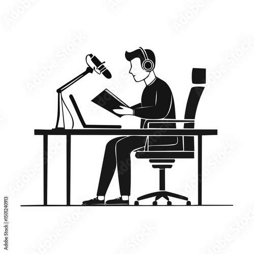 Podcaster Reading Notes While Recording Silhouette — Flat 2D Minimalist Vector