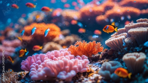 Vibrant coral reef teeming with tropical fish and marine biodiversity photo