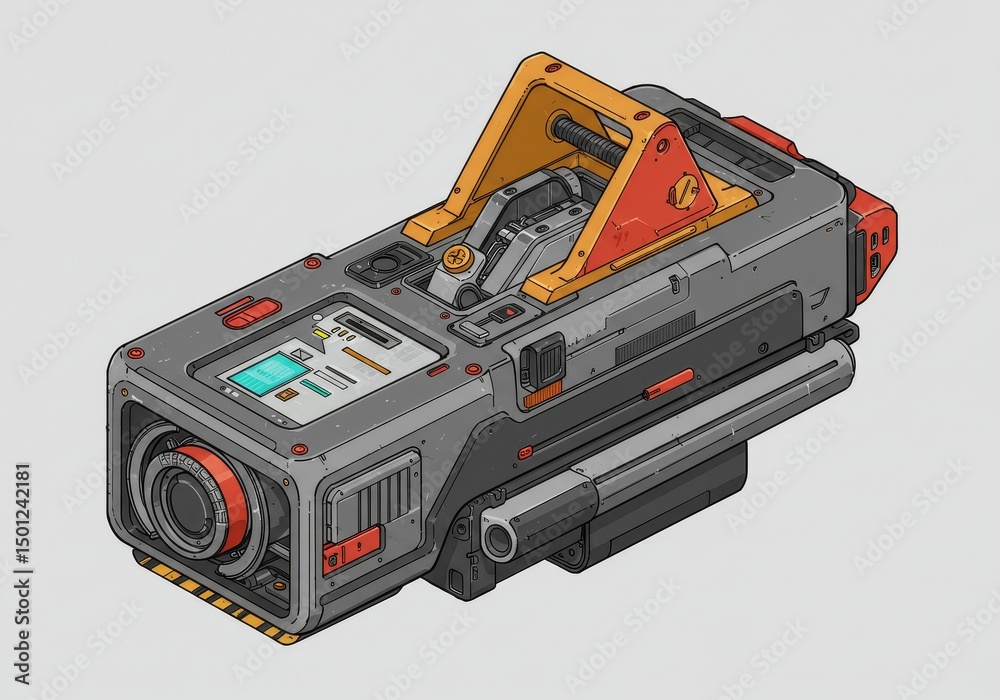 Fototapeta premium Isometric Illustration Of A Detailed Gray And Orange Mechanical Machine Design