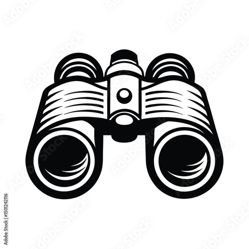 Closeup view of black binoculars reflecting a clear sky with clouds, Close up black binocular with sky in glasses isolated on white
