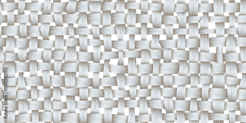 Rattan seamless bg. Basket weave white pattern with texture. Handicraft raffia lattice. Textile mesh. Ethnic handmade decor. Vector illustration with gradient mesh