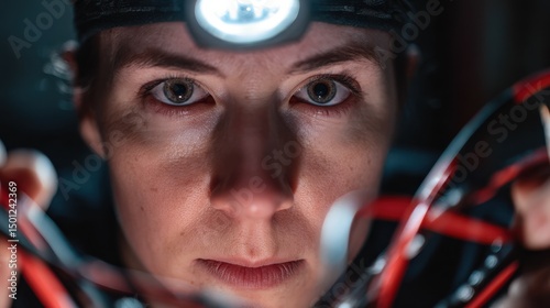 Woman engineer working with cables and headlamp at night