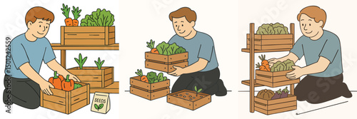 Illustration of a young man lifting a vegetable crate, light blue t-shirt and black pants