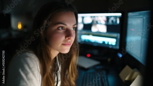 Young woman programmer working late night on computer code and video editing software