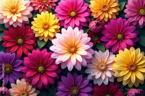 Intricate dahlia blooms, vibrant hues, repeating floral pattern, petals, dahlia