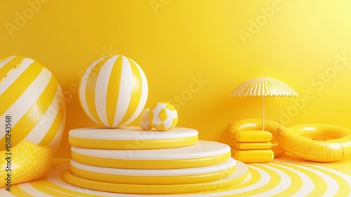 Bright yellow showcases beach balls, umbrellas, and inflatable accessories on striped platforms