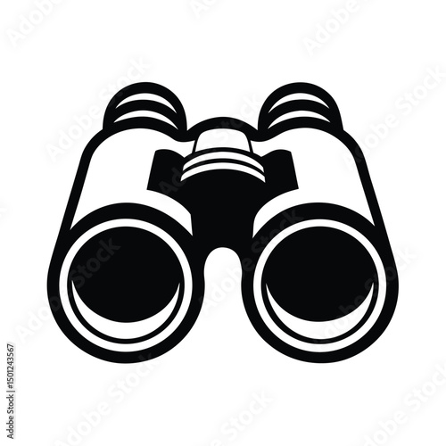 Closeup view of black binoculars reflecting a clear sky with clouds, Close up black binocular with sky in glasses isolated on white