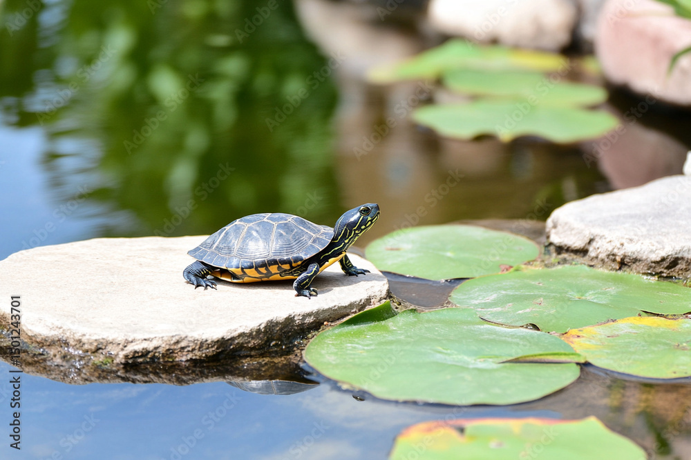 Obraz premium Turtle basking on a rock by a serene pond surrounded by lush lily pads and still water on a sunny day in nature