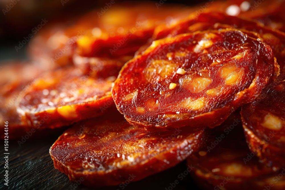 Obraz premium Macro shot of cured chorizo sausages on wooden board food photography gourmet culinary scene