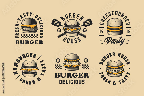 Retro Burger, sandwich or hamburger logo set. Hamburger labels, emblems, logo. Burger house, Cafe, Restaurant, Fast Food Logo template.