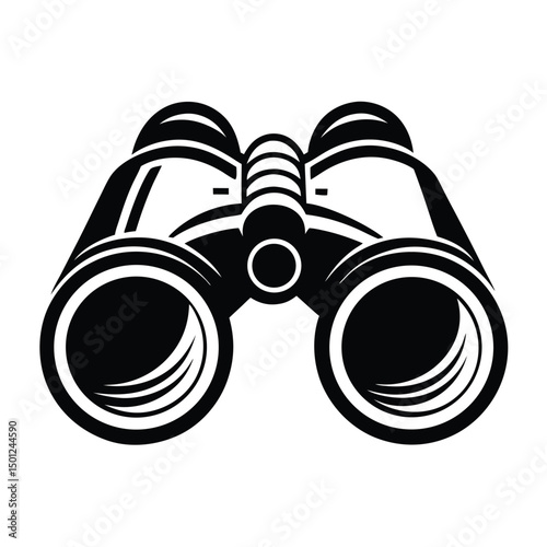 Closeup view of black binoculars reflecting a clear sky with clouds, Close up black binocular with sky in glasses isolated on white