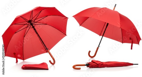 Collection of red umbrellas isolated on white background