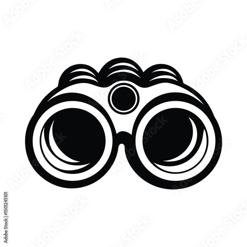Closeup view of black binoculars reflecting a clear sky with clouds, Close up black binocular with sky in glasses isolated on white