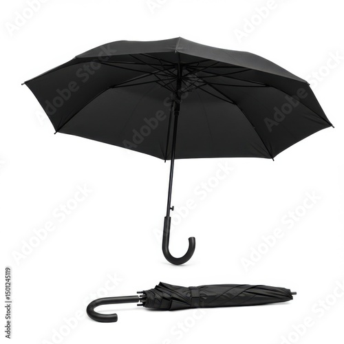 Black umbrella opened and closed isolated on white background