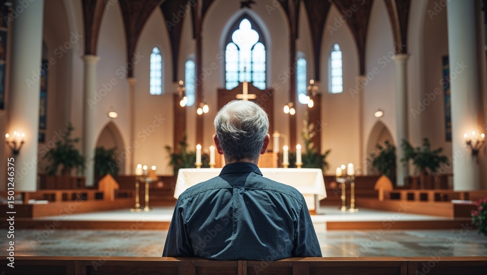 Man praying in church sanctuary with religious backdrop
Man praying in church sanctuary with religious backdrop