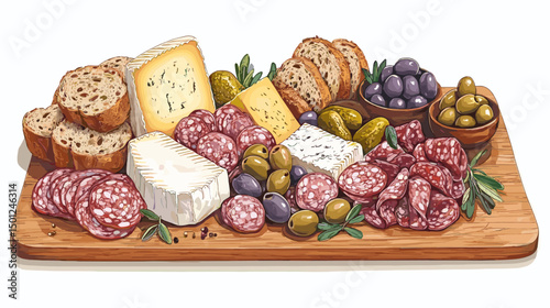 Charcuterie platter with cured meats, cheeses, olives, pickles, and artisan bread, set on a wooden cutting board isolated on a white background