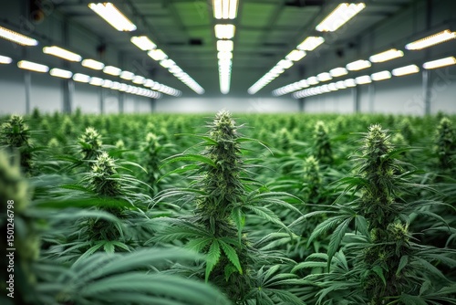 Indoor cultivation of cannabis plants under artificial lights in a large facility