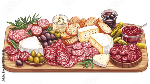 Charcuterie platter with cured meats, cheeses, olives, pickles, and artisan bread, set on a wooden cutting board isolated on a white background