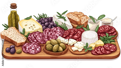 Charcuterie platter with cured meats, cheeses, olives, pickles, and artisan bread, set on a wooden cutting board isolated on a white background