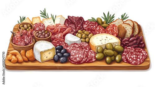 Charcuterie platter with cured meats, cheeses, olives, pickles, and artisan bread, set on a wooden cutting board isolated on a white background