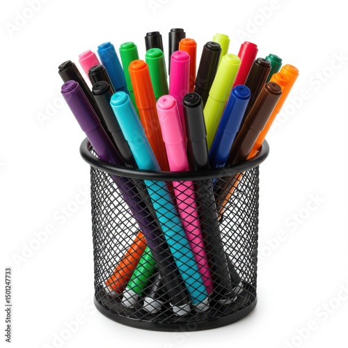 Colorful markers in a black wire holder isolated on white background