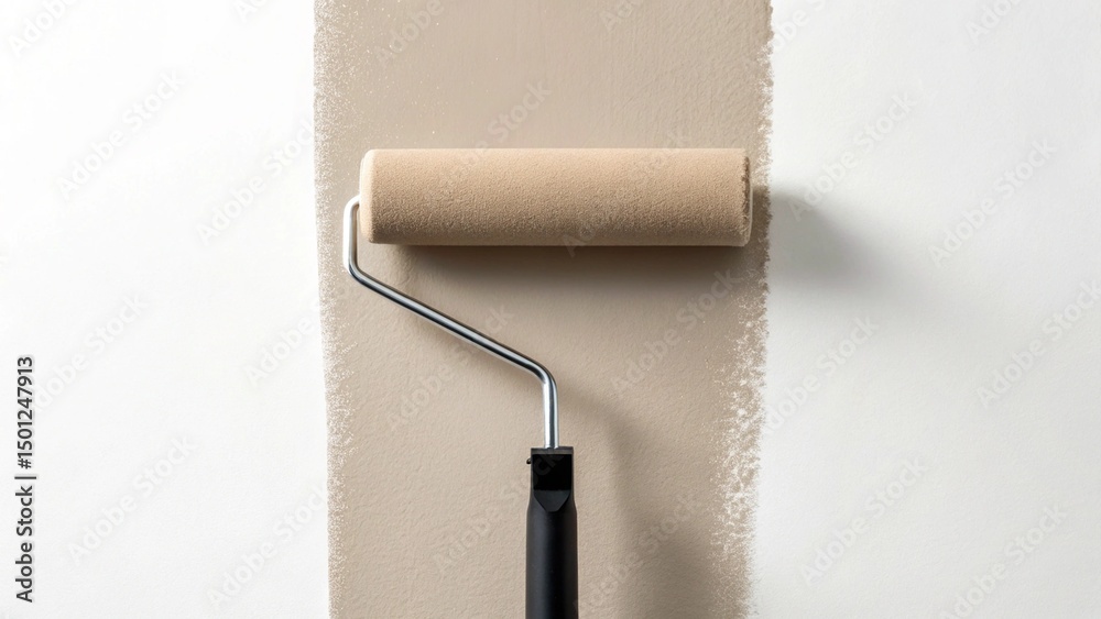 Obraz premium A paint roller creates a clean, vertical stripe of warm beige paint on a pristine white wall, symbolizing home renovation, a fresh start, or interior design projects