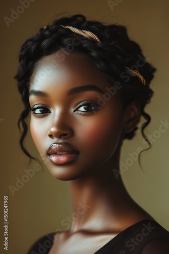 Portrait of a young woman with graceful features and natural beauty, showcasing elegant hairstyle and serene expression in soft lighting