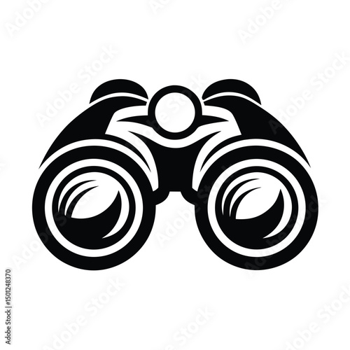Closeup view of black binoculars reflecting a clear sky with clouds, Close up black binocular with sky in glasses isolated on white
