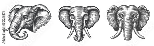 Detailed Vector Illustration of Elegant Elephant Heads in Black and White
