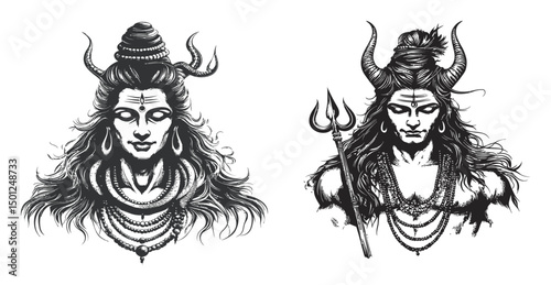 Intricate Black and White Vector Illustration of Hindu God Shiva