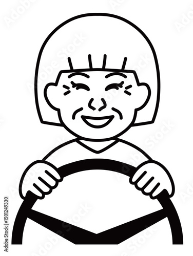 女性高齢者ドライバーのモノクロイラスト