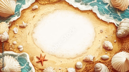 Gentle ocean waves meet the sandy beach, creating space bordered by seashells and fishnet