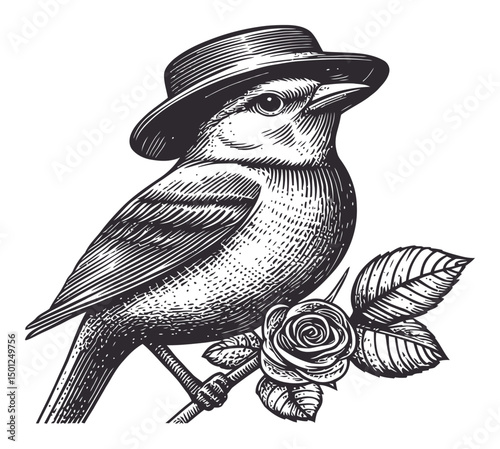 Detailed Vintage Bird Illustration with Hat and Rose in Black and White