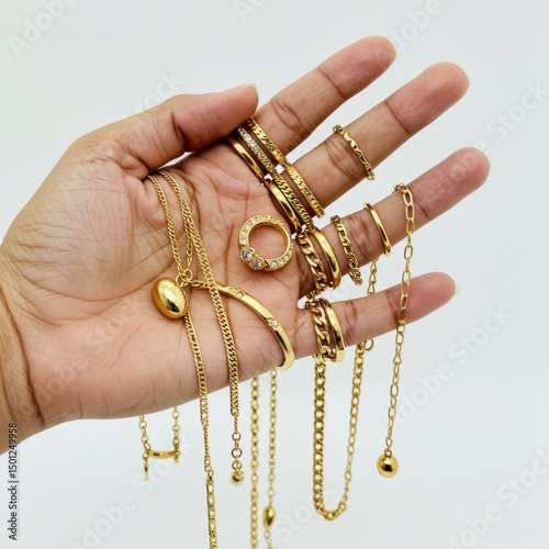 Hand holding gold rings, bracelets and necklaces isolated on white background