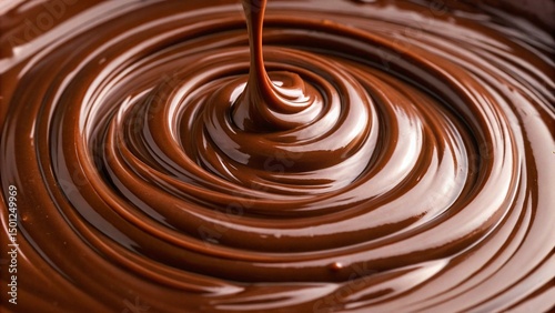 This inviting shot captures the molten movement of chocolate, emphasizing its appealing viscosity and deep, rich color, perfect for evoking temptation and indulgence photo