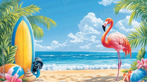 Graceful flamingo stands tall near surfboard and diving mask on sunny beach during summer
