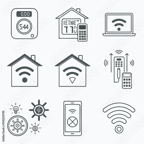 Smart home automation systems and energy efficiency vector line icons set
