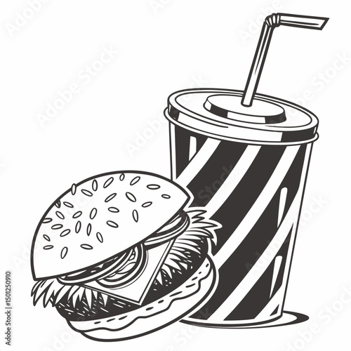 Monochrome burger and soda cup illustration delicious fast food meal design