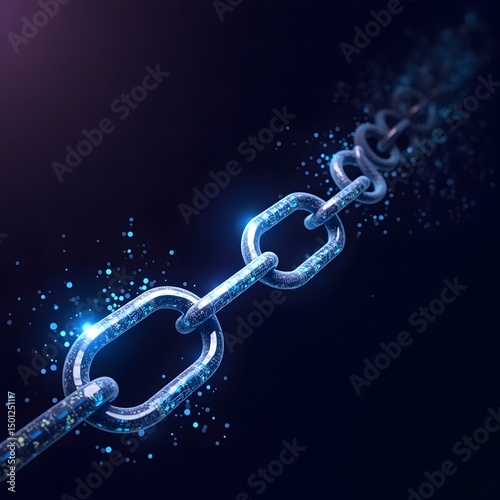 Digital Chain: A luminous digital chain links together, representing connection and security within a complex, tech-driven landscape.