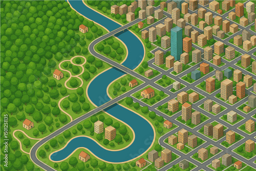 City and Forest River Vector Map