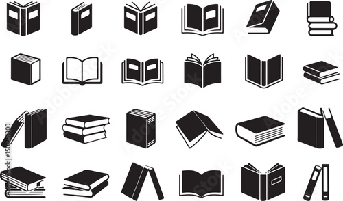 Book Icon Set – Black Glyph and Outline Symbols of Open and Closed Books, Library, and Education – Vector Illustration