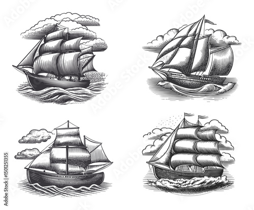 Vintage Sailing Ships in Classic Black and White Illustration Style
