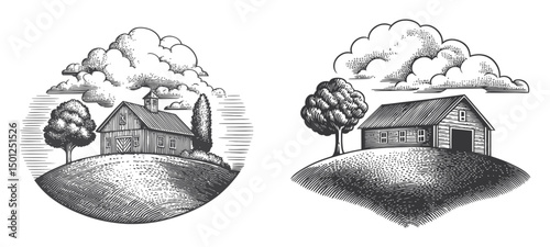 Detailed Vintage Barn Landscape Illustration in Black and White Style