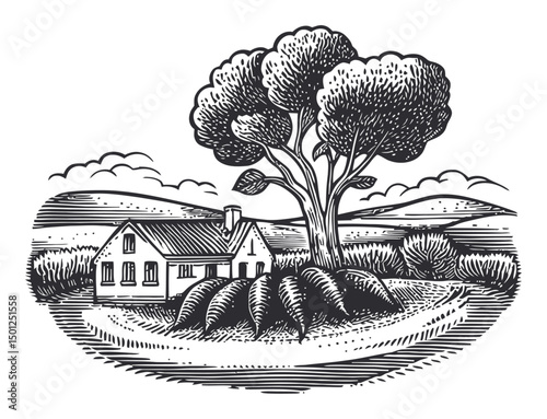 Black and White Vector Art of House and Tree in Nature Landscape