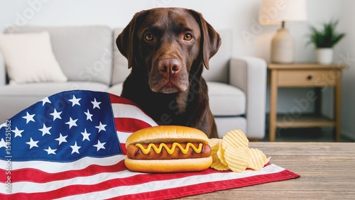 Patriotic American Hot Dog Picnic with Potato Chips and Soda – Summer BBQ, 4th of July Celebration Concept