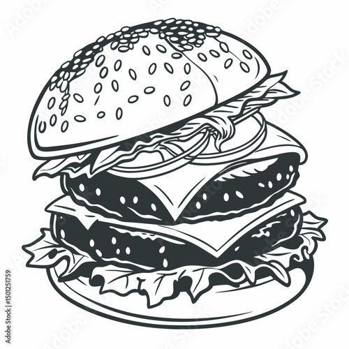 Detailed black and white double cheeseburger illustration with lettuce and onion