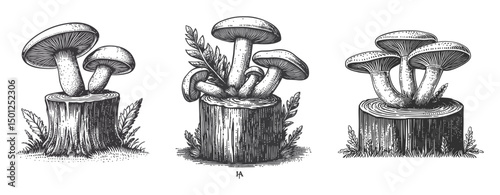Vintage Style Mushroom Illustrations on Tree Stumps in Line Art Format